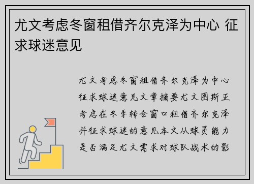 尤文考虑冬窗租借齐尔克泽为中心 征求球迷意见